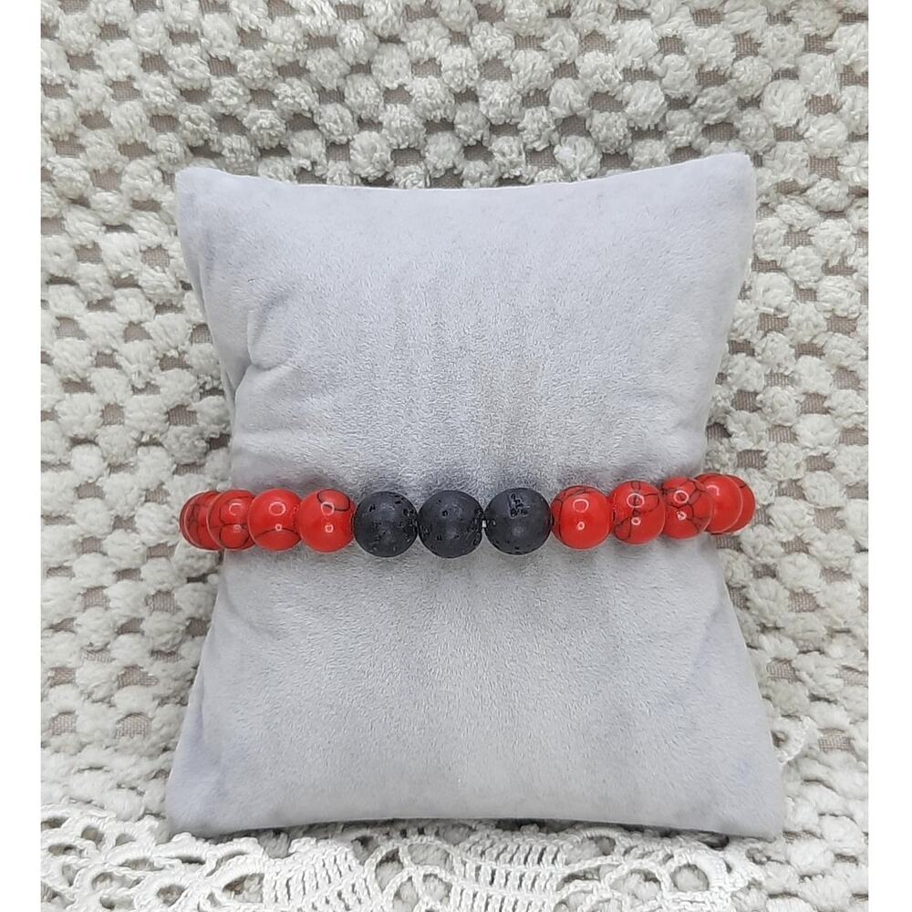 Artisan Red Howlite Beaded Bracelet 8mm Black Lava Stone Diffuser Unisex Boho